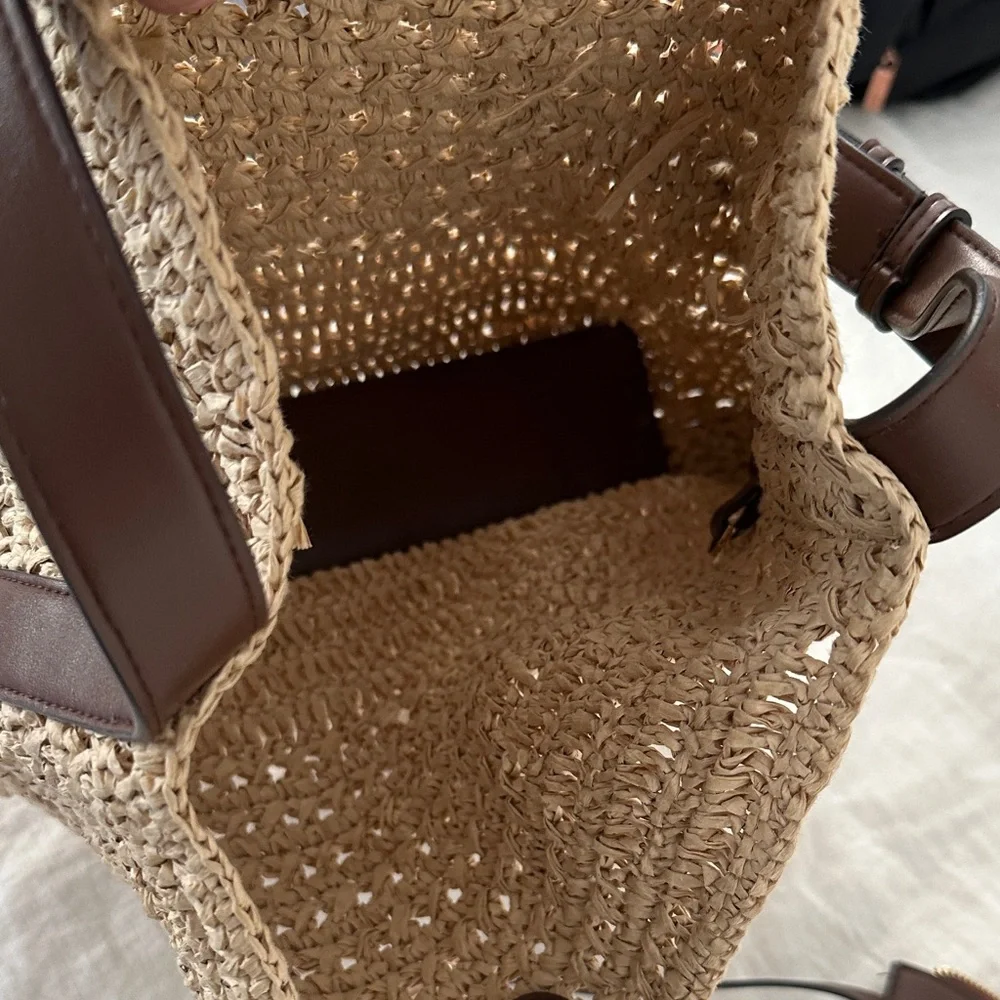 Zara raffia bucket bag - natural/brown straps - Picture 4 of 5